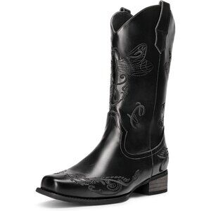 Dream Pairs Women's Black Square Toe Cowgirl Boots Pull On Low Chunky Heel